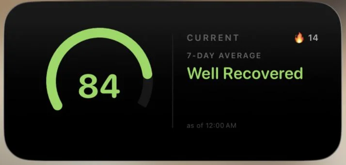 Current home screen widget showing a recovery score of 84, Well Recovered