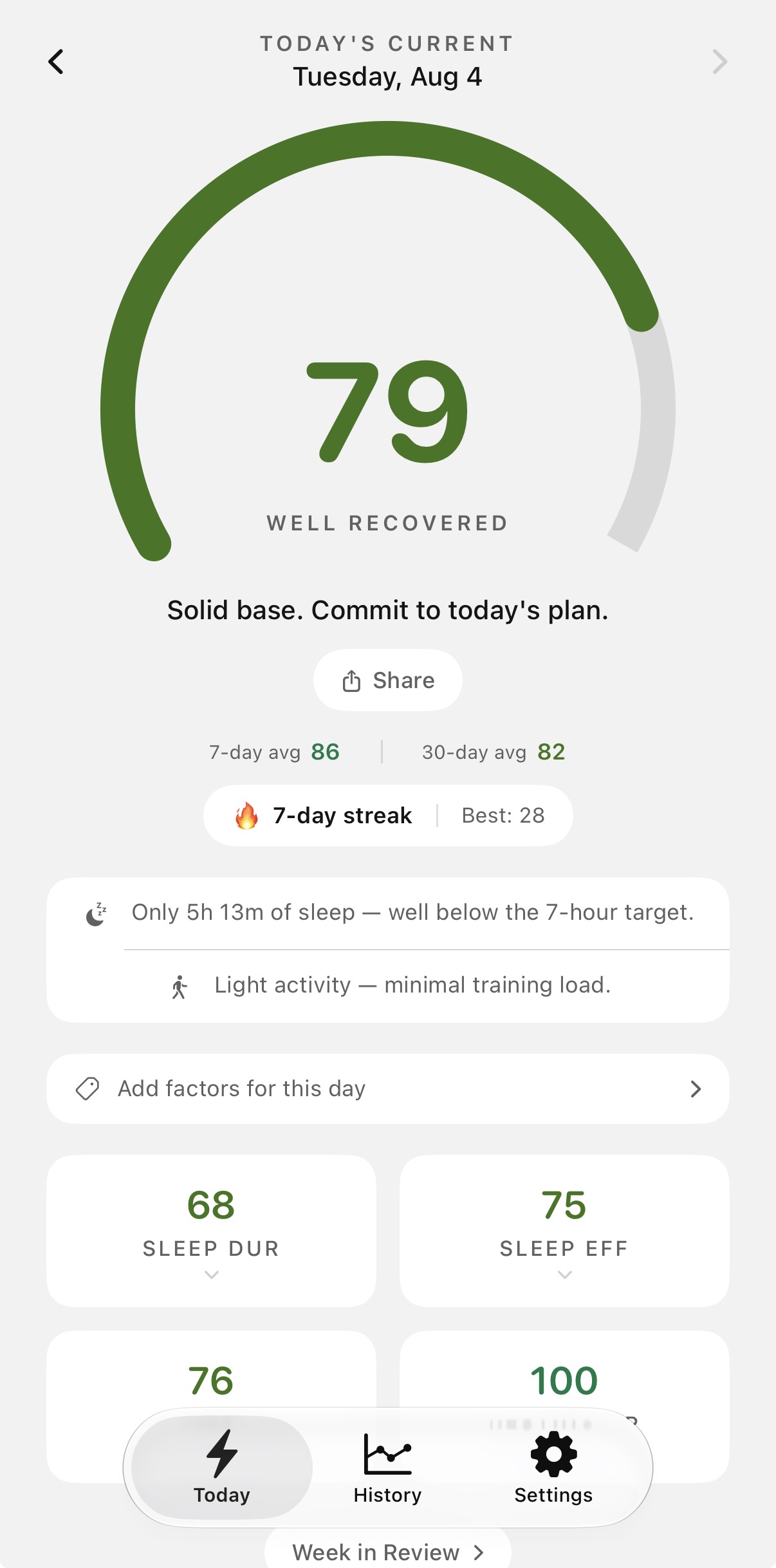 Current 2.1 in light mode, showing a daily recovery score of 79 with sub-scores below